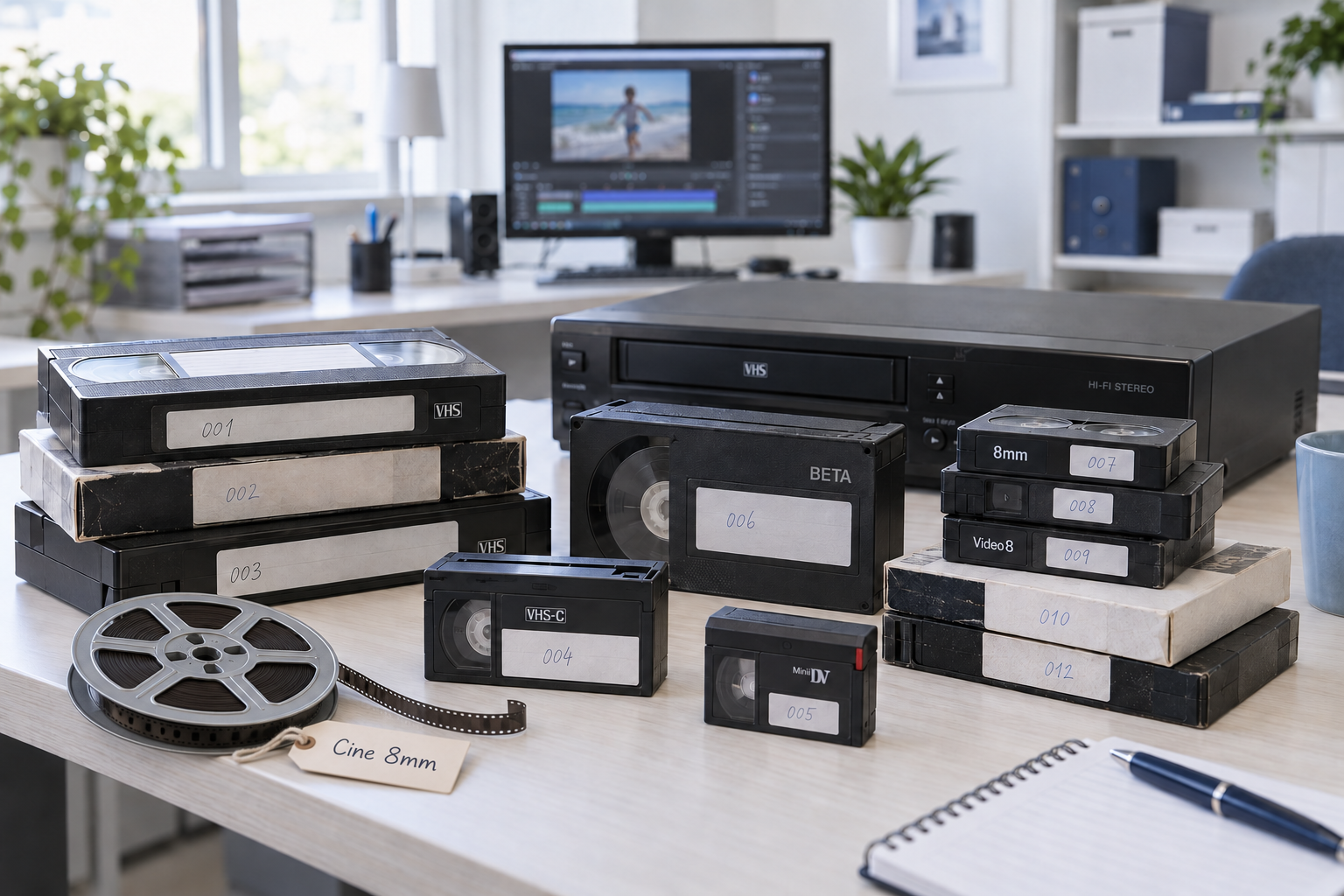 Escena ilustrativa de una oficina con pedidos de cintas VHS, VHS-C, Beta, Video8 y MiniDV, un reproductor y una bobina de cine de 8 mm