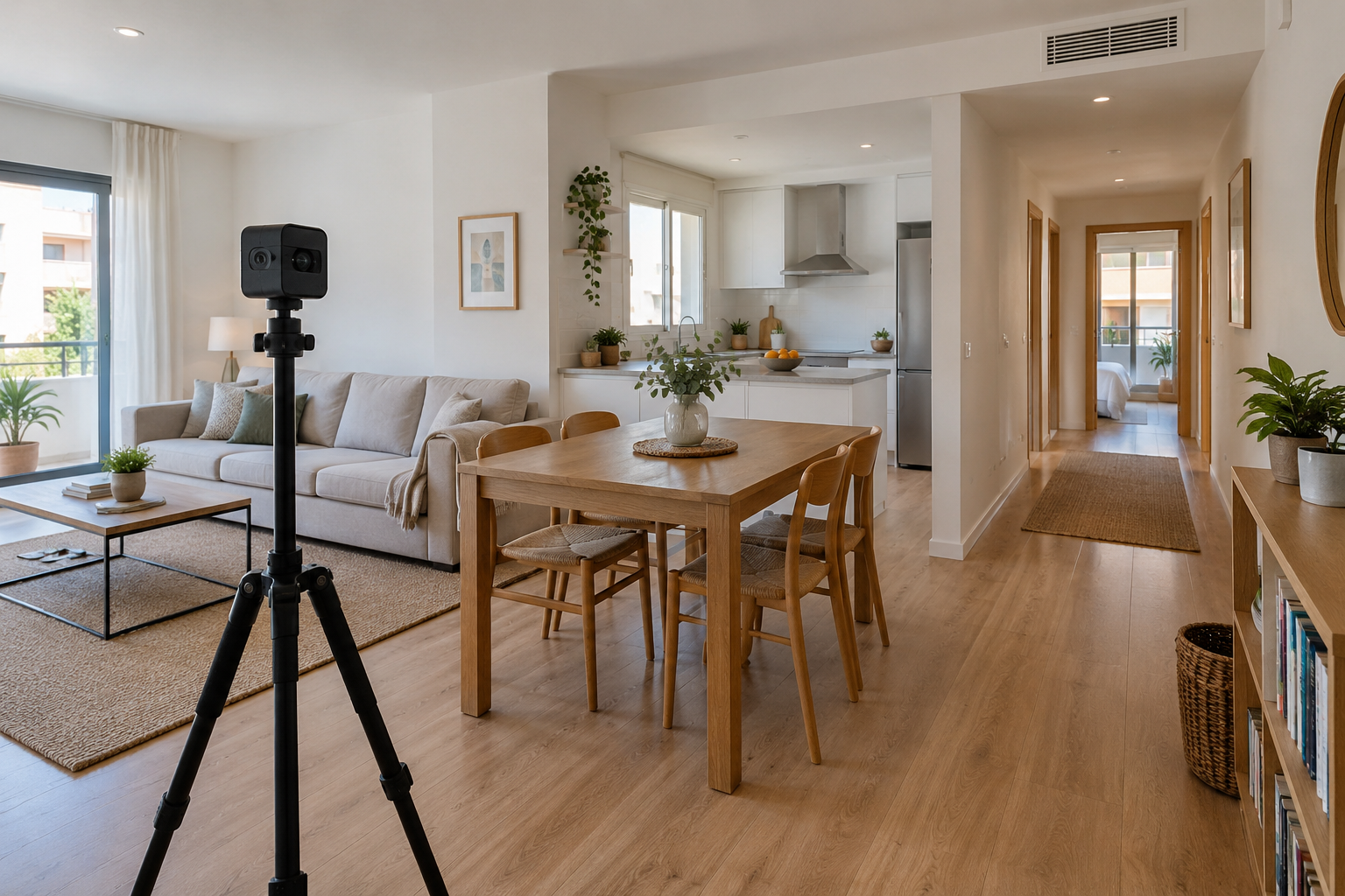 Imagen ilustrativa de la captura de un tour virtual en una vivienda, con salón, cocina y pasillo visibles